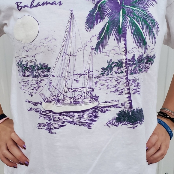 Vintage 80's Bahamas Souvenir T-Shirt Pot Pourri Label Large - Picture 2 of 11